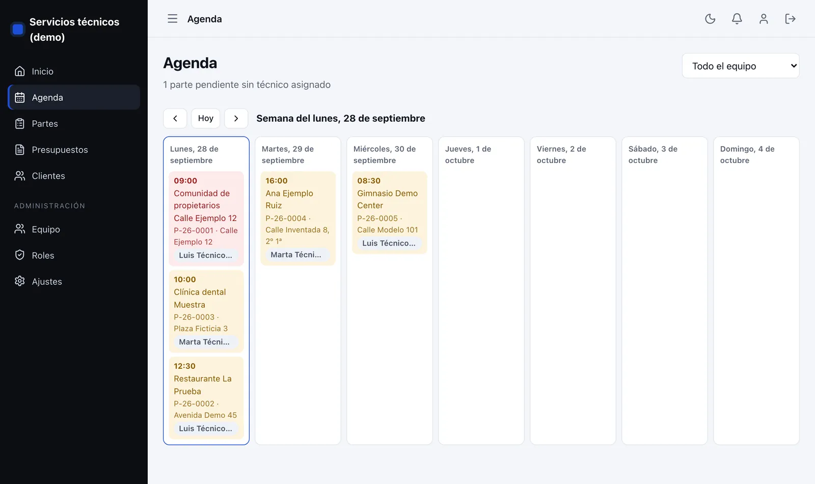 Agenda semanal con los trabajos de cada técnico, con horas, clientes y direcciones