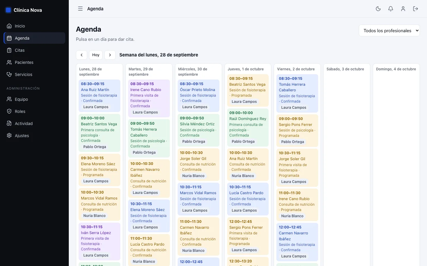 Agenda semanal de un centro de salud con citas de fisioterapia, psicología y nutrición, su estado y el profesional asignado