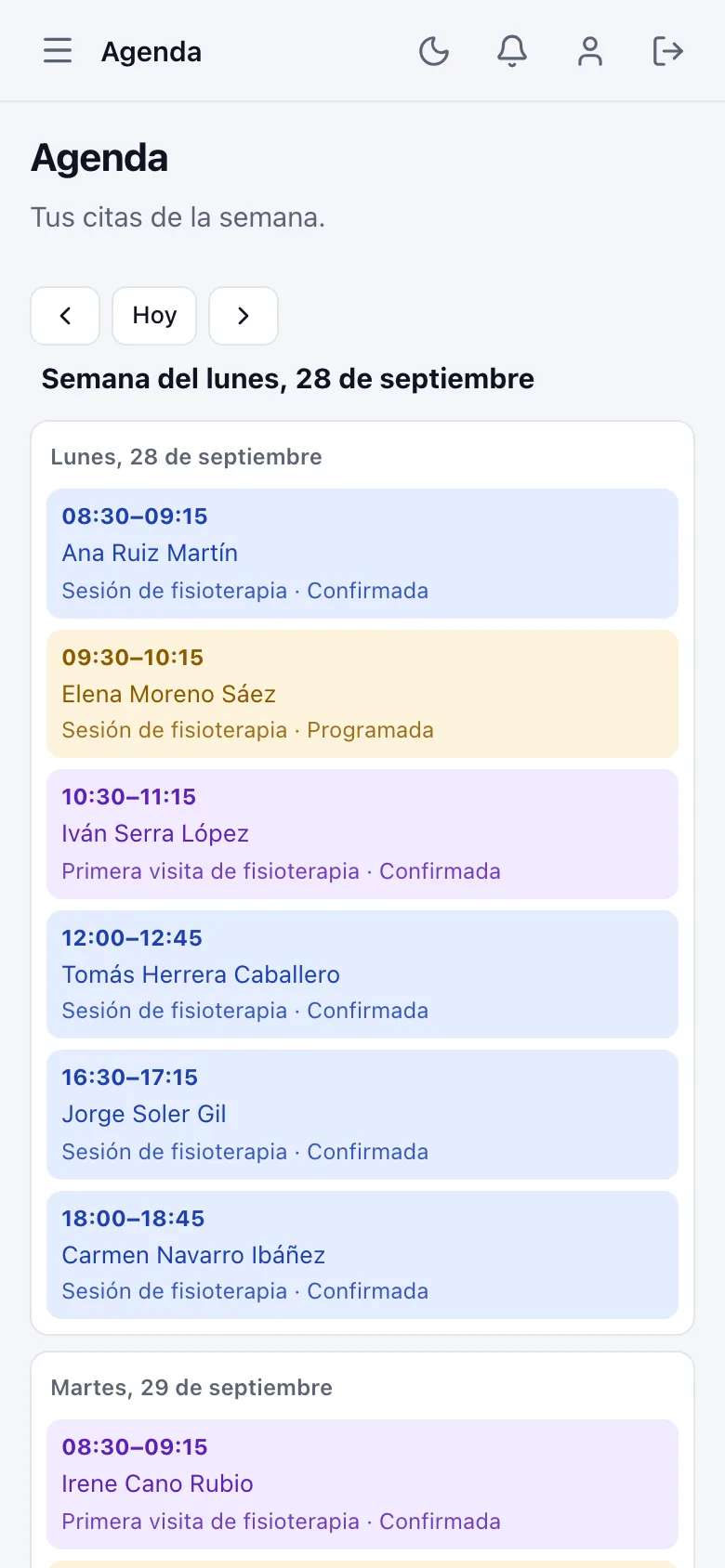 Agenda de una fisioterapeuta en el móvil con sus citas del lunes, la hora, el paciente y si está confirmada