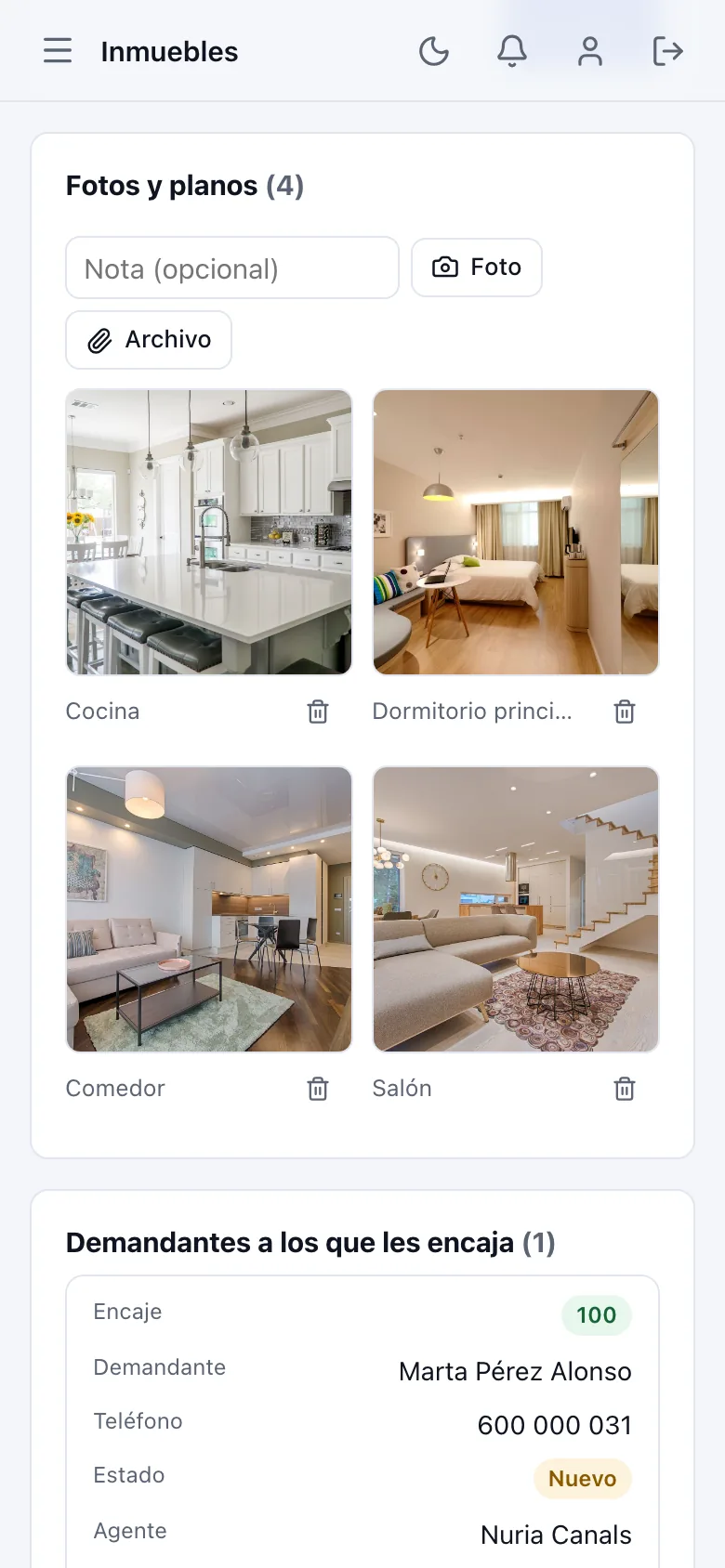 Ficha de un inmueble en el móvil con cuatro fotos y la lista de demandantes a los que les encaja, con su puntuación, teléfono, estado y agente