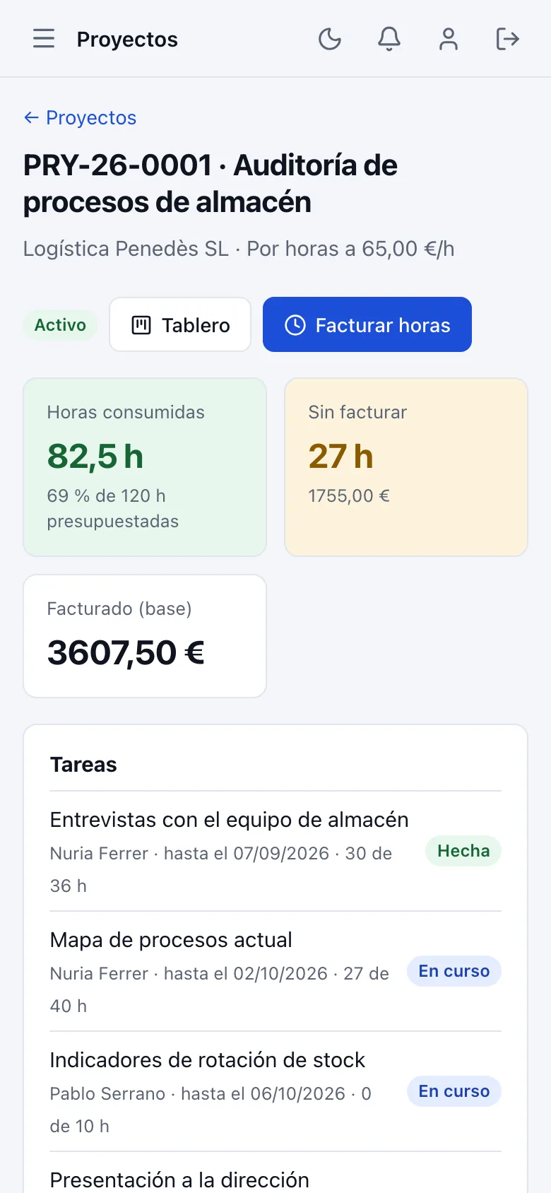 Ficha de un proyecto por horas en el móvil con las horas consumidas sobre las presupuestadas, las horas sin facturar, lo facturado y la lista de tareas con sus horas