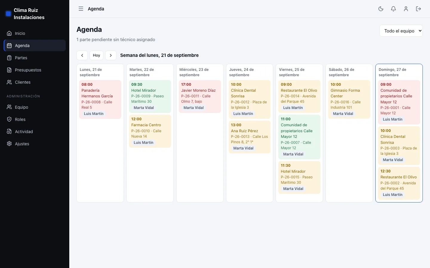 Agenda semanal de una empresa de climatización con los partes de dos técnicos, sus horas, clientes y direcciones